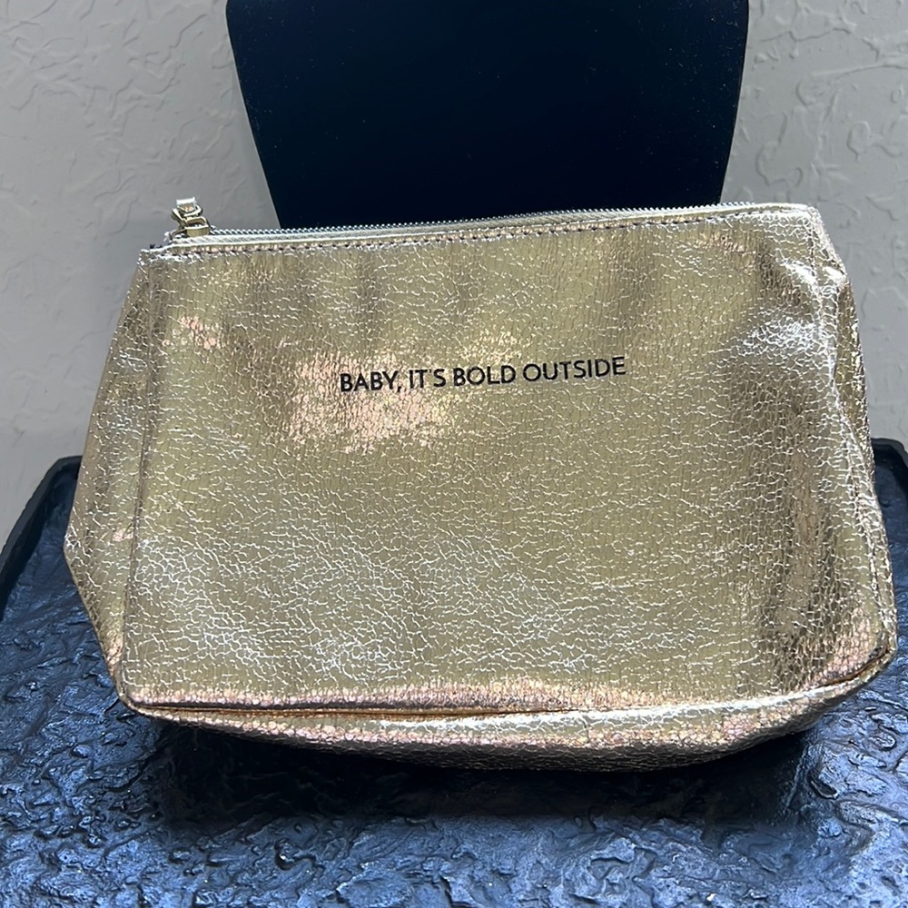 - COSMETIC BAG in GOLD TONE w TASSEL ZIPPER PULL and STATEMENT SAYING - Picture 1 of 6